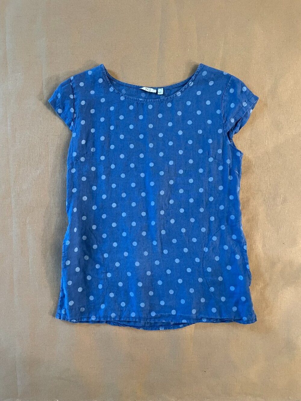 KAKTUS Linen Shirt Sz S Blue Polka Dot Cap Sleeves Pockets Travel Coastal Italy